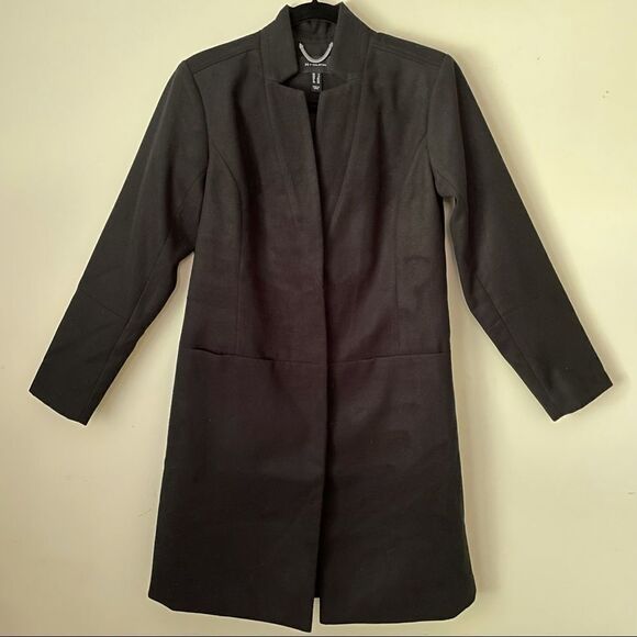 H by HALSTON Women's Snap Front Coat‎ Knee Length Notch Collar Black sz US 4 - Picture 1 of 9